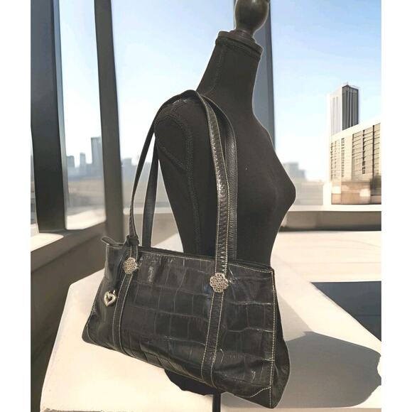 Brighton Black Croco Embossed Leather Satchel Shoulder Handbag 15x8x3 - Picture 1 of 16